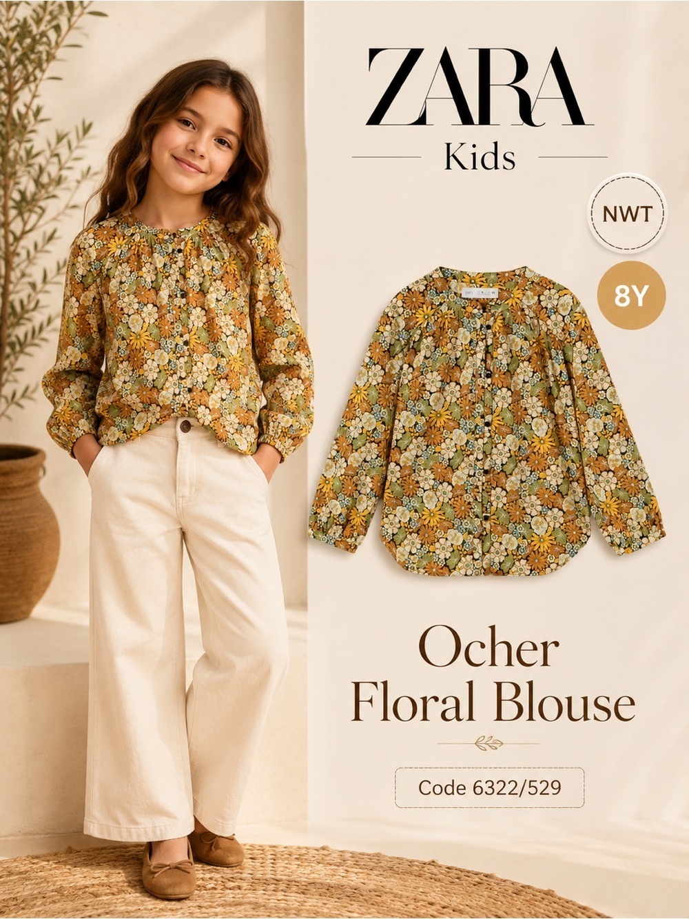 Zara Kids Ocher Floral Long Sleeve Blouse NWT Size 8